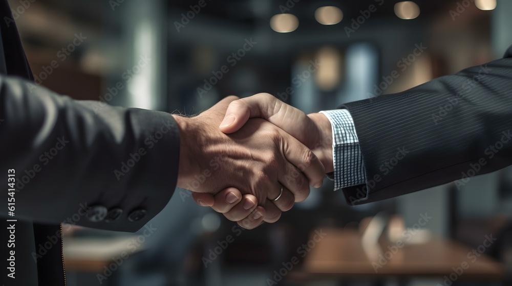 Close Up of two Hands shaking in a Business Meeting. Blurred Background.
