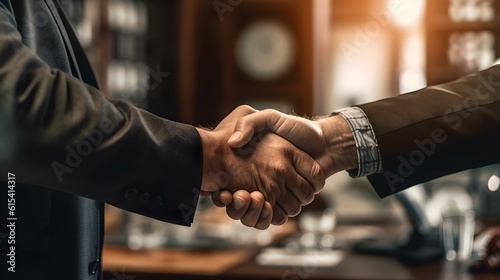 Close Up of two Hands shaking in a Business Meeting. Blurred Background. 