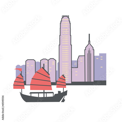 Illustration of Hong Kong Buildings and Ship, Isolated elements on the neutral background.