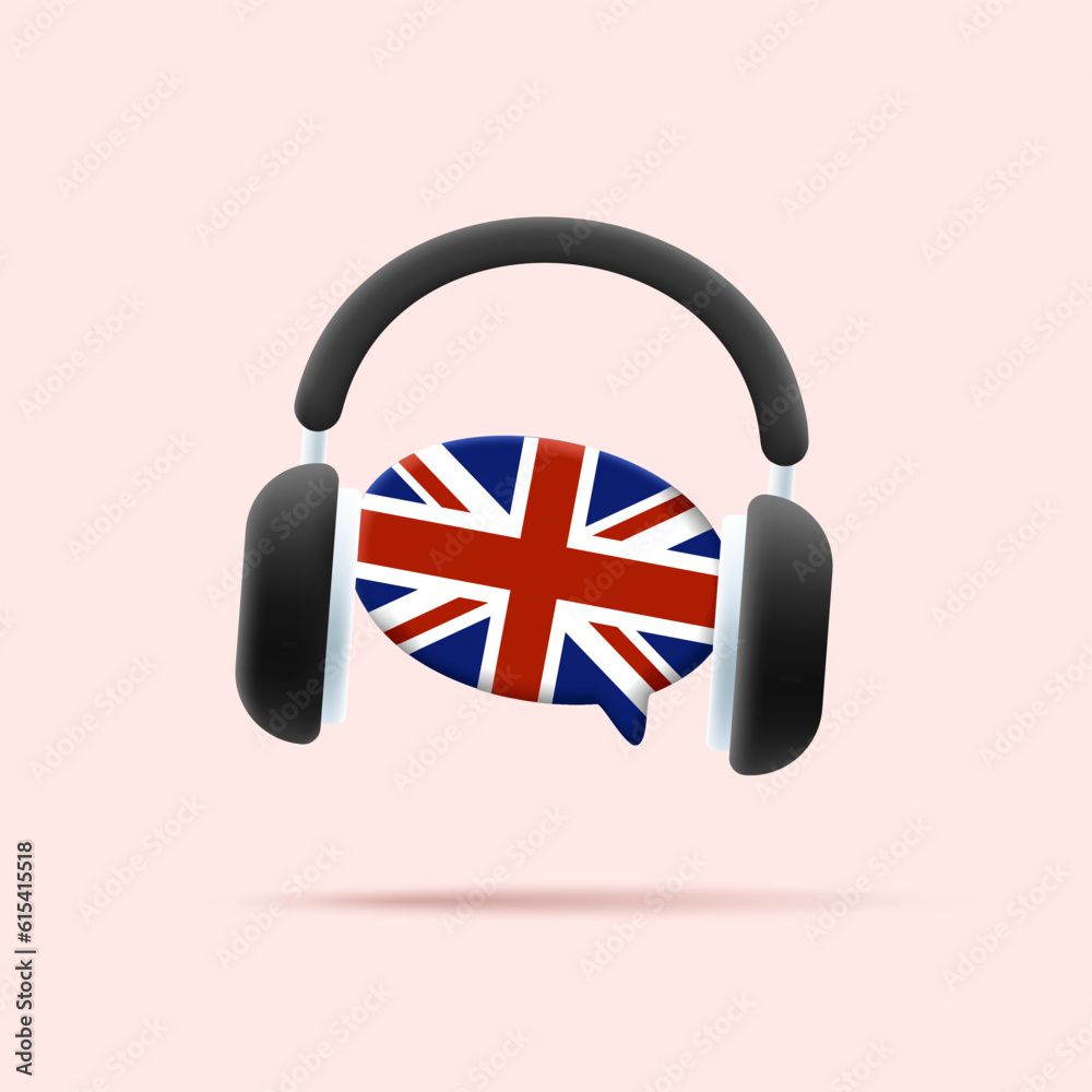 Online English cources digital 3d icon with headphones around speech bubble with british flag, audio guide icon Online English cources digital 3d icon with headphones around speech bubble with british flag, audio guide icon