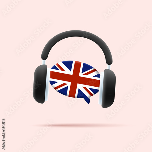 Online English cources digital 3d icon with headphones around speech bubble with british flag, audio guide icon