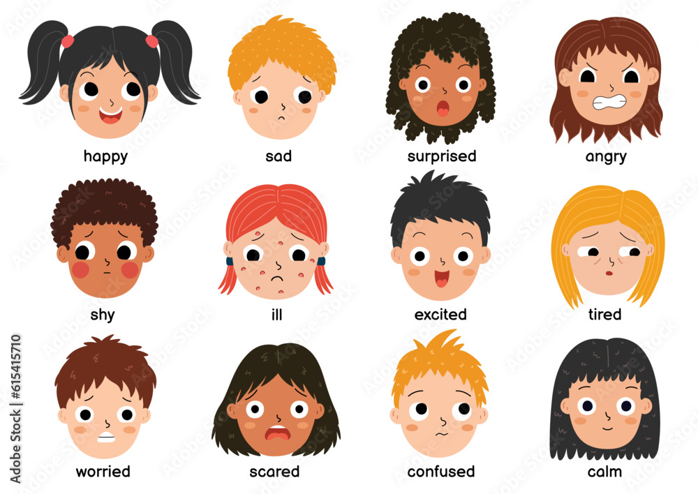 Kids emotions set in cartoon style. Cute boys and girls face expressions collection. Emotional intellect poster for children. Vector illustration Kids emotions set in cartoon style. Cute boys and girls face expressions collection. Emotional intellect poster for children. Vector illustration