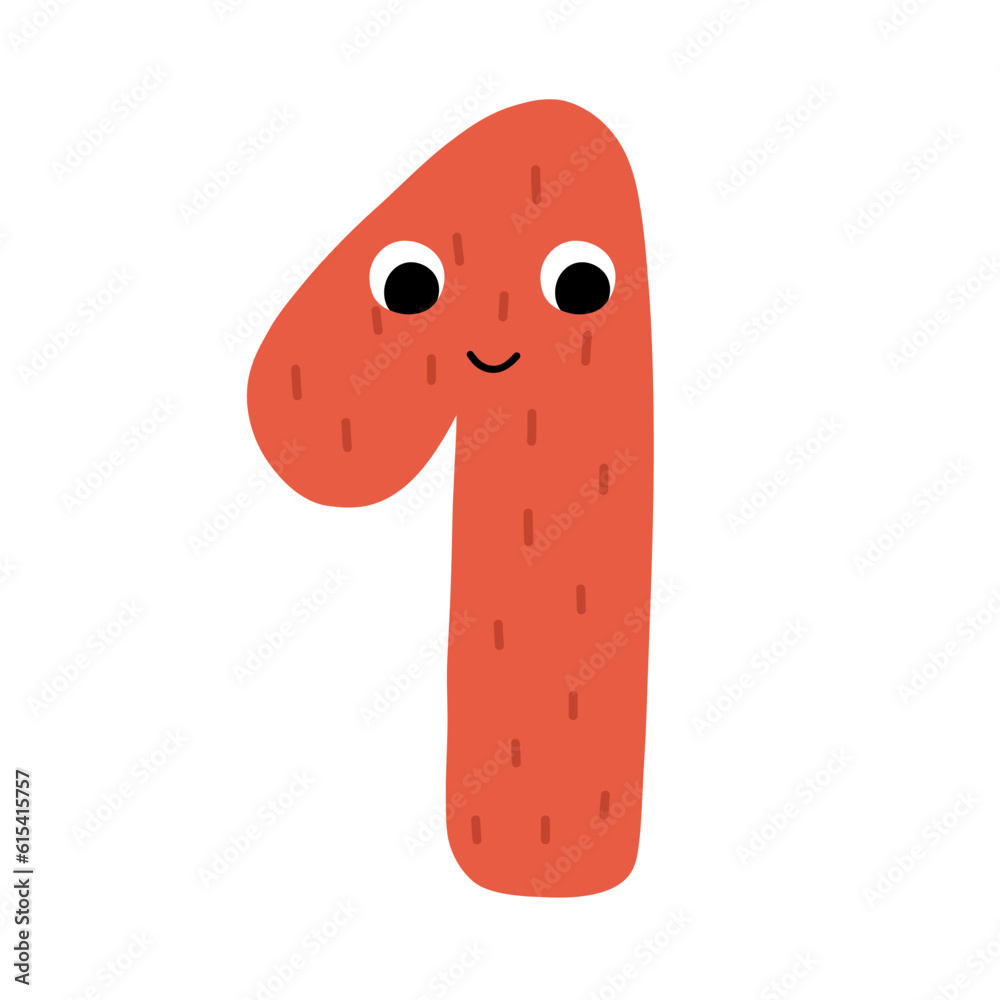 Cute number one character for kids. Leaning numbers for preschool. Happy number 1 in cartoon style. Vector illustration Cute number one character for kids. Leaning numbers for preschool. Happy number 1 in cartoon style. Vector illustration