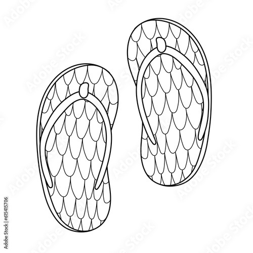 Flip flop shoes coloring page in zentangle style. Pair of doodle slippers coloring page. Hand drawn shoes logo. Vector illustration