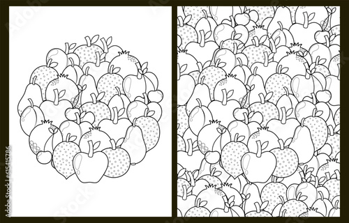 Doodle fruits coloring pages set in US Letter format. Black and white healthy food background with apples, lemon, orange, pear for coloring book. Vector illustration