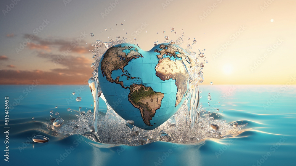 Fototapeta premium Planet Earth heart shape submerging in the water. Generative Ai