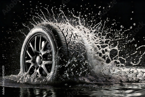 a water splash against the tire of a car