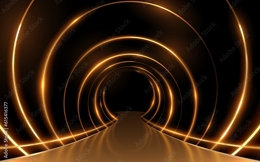 Fototapeta premium Golden rings tunnel with platform background