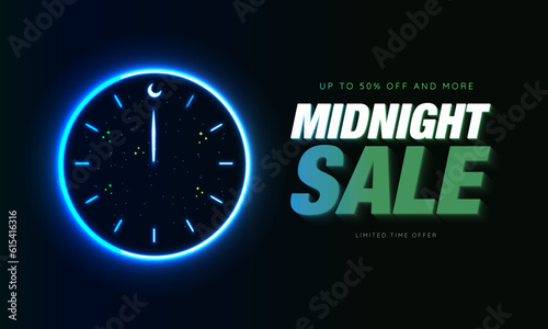 Editable Neon Midnight Sale sign banner on dark background. Neon clock with neon hand on the moon as twelve midnight. Up to 50% off and more. Limited time offer. Vector Illustration. EPS 10.