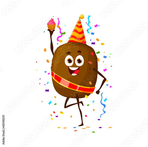 Cartoon cheerful kiwi fruit character on birthday party, anniversary holiday celebration. Anniversary holiday event or party, birthday congratulating happy fruit vector personage with dessert cupcake