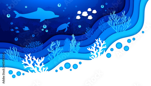 Underwater paper cut landscape with dolphin, turtle and seaweeds silhouettes, vector undersea world. Ocean coral reef or sea underwater papercut background with cutout paper layers of fishes