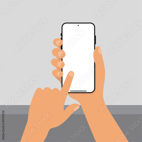 Flat design of a man's hand holding a smartphone and touching the blank screen with his finger. Vector.