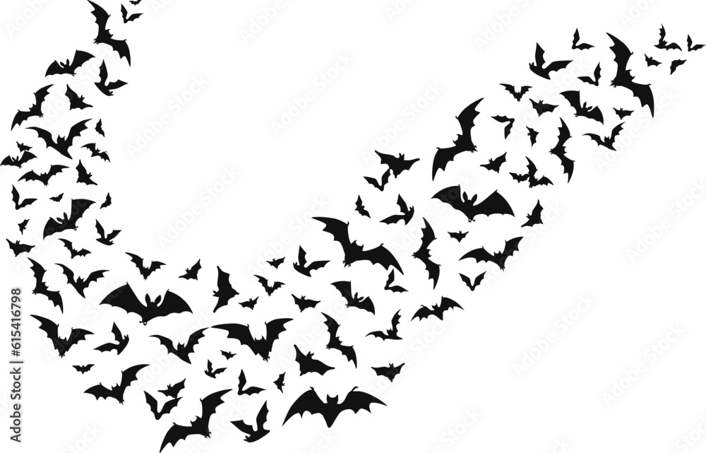 Halloween flying bats, isolated vector winged swarm of vampire animals curve wave fly on white background. Creepy bats flock black silhouettes, spooky fauna creatures group flow graphic design element
