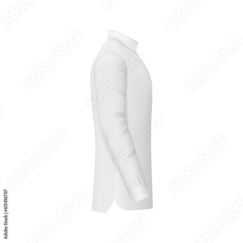 White men shirt mockup, 3d vector male formal dress with long sleeves side view. Isolated vector sark, fashioned classic uniform wear mock up with collar, cuffs and tailored fit