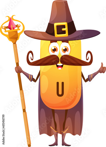 Cartoon vitamin U wizard character. Vector food supplement capsule holding magic staff and showing thumb up. Isolated enchanter in pointed hat with buckle. Positive mage personage with smiling face