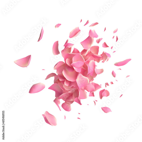 Pink sakura flower petals falling. Isolated transparent background. Generative AI.
