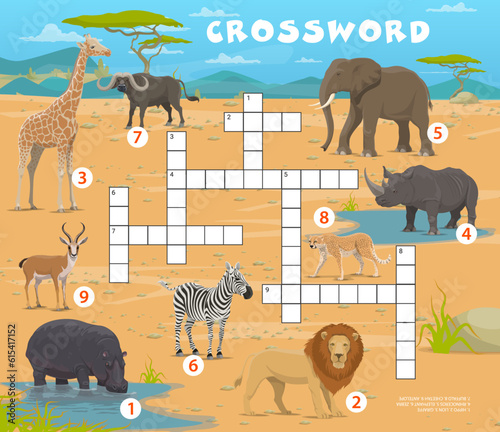 Crossword quiz game African savannah safari animals, vector worksheet grid. Lion, zebra and elephant with buffalo and rhinoceros or hippopotamus in Africa savanna for kids game of cross word grid