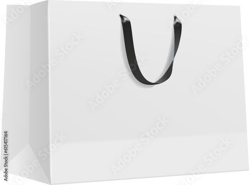 White paper shopping bag with black handles mockup. Retail purchase shopper, shop shopping packaging or paper bag realistic vector mock up. Store cardboard paperbag 3d mockup or design template