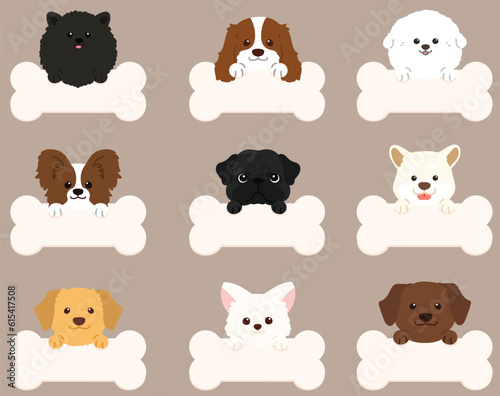 Set of adorable dogs' faces flat colored with front paws holding a bone