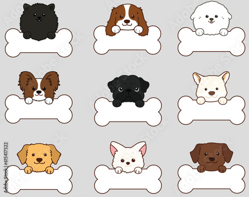 Set of adorable dogs' faces with outlines with front paws holding a bone