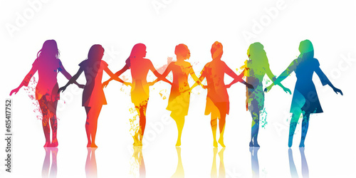 Captivating silhouette of women holding hands in unity  depicted as shadows on white background with vibrant colors on intertwined hands  evoking sorority and empowerment. Generative AI