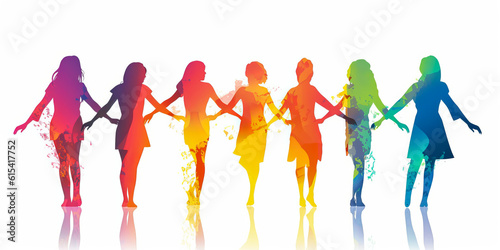 Captivating silhouette of women holding hands in unity, depicted as shadows on white background with vibrant colors on intertwined hands, evoking sorority and empowerment. Generative AI