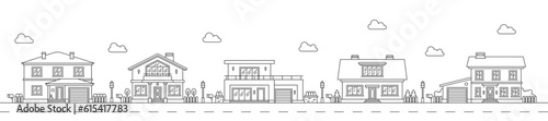Neighborhood line art outline village or town house buildings. City residential area buildings cityscape, town real estate property dwelling panoramic view outline vector concept or background