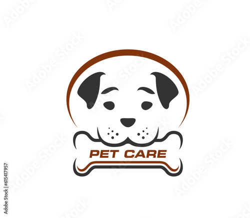 Pet clinic icon  veterinary service emblem. Dog veterinarian hospital  domestic animal vet doctor or pet veterinary clinic vector symbol. Puppy medical service icon or emblem with dog holding bone