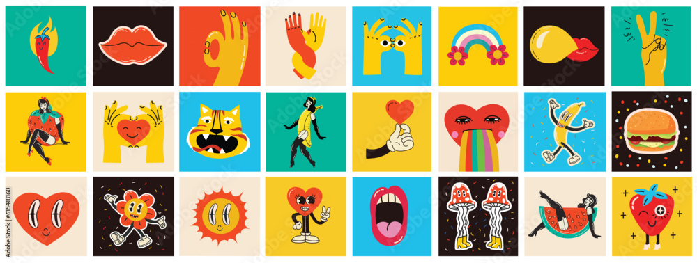 Obraz premium 70's groovy square posters, cards or stickers. Retro print with hippie cute colorful funky character concepts of crazy geometric, dripping emoticon. Only good vibes sentence