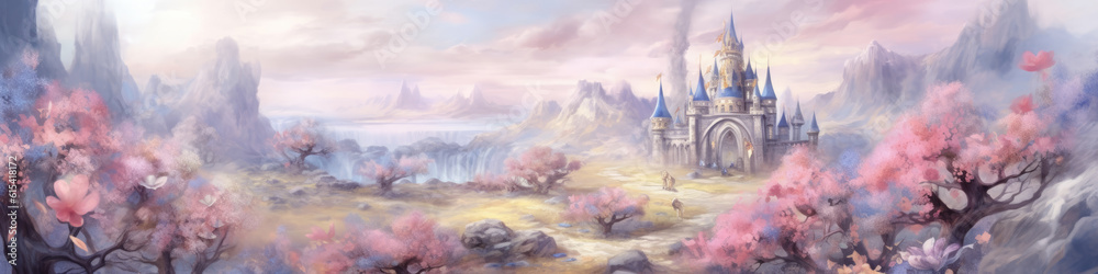 A panaroma landscape of the fantasy castle surround by diifferent nature plants. A panaroma landscape of the fantasy castle surround by diifferent nature plants.