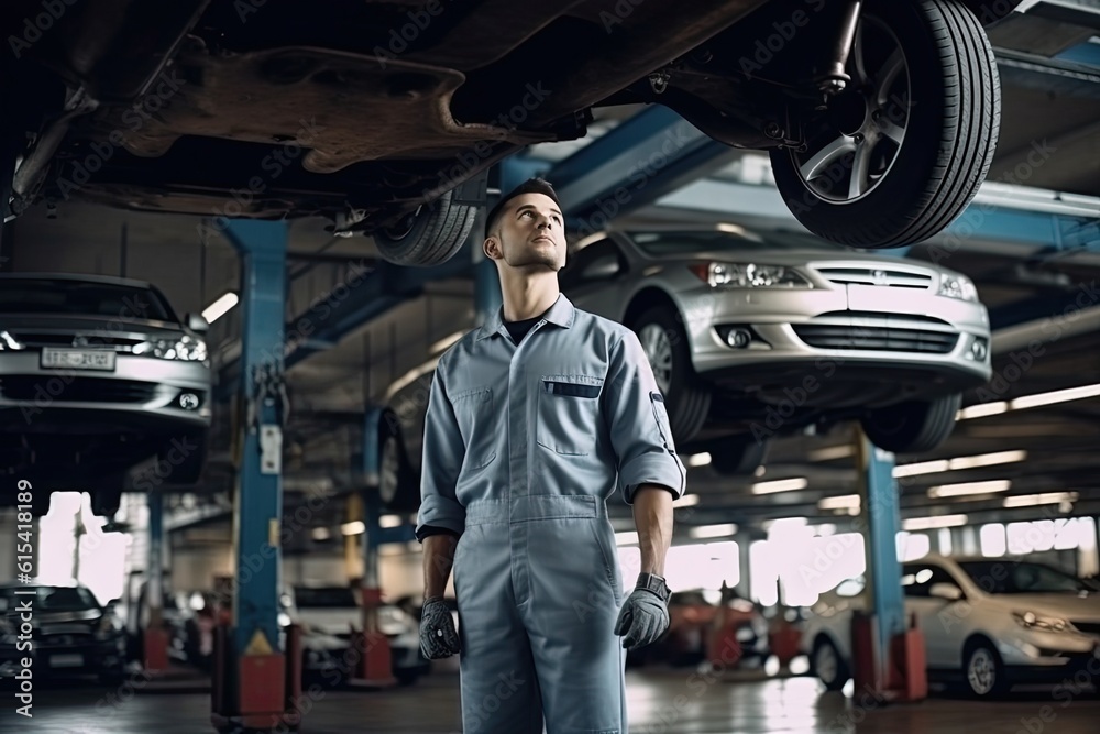 Handsome young male mechanic repairing a car in his workshop