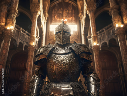 Medieval knight in shining armor, impressive standing pose, vintage suit of armor with cross emblem, generative AI