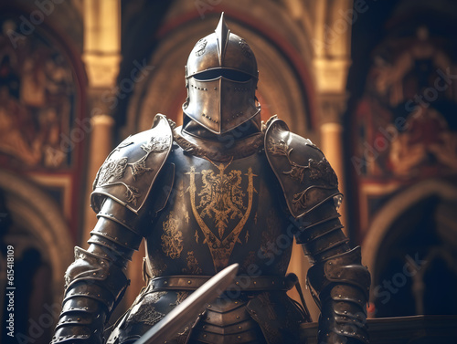Medieval knight in shining armor with sword and shield, standing tall in front of a majestic building, historical reenactment, generative AI