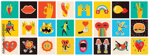 70's groovy square posters, cards or stickers. Retro print with hippie cute colorful funky character concepts of crazy geometric, dripping emoticon. Only good vibes sentence