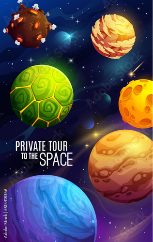 Cartoon space planets poster with alien galaxy world, vector kids fantasy cosmos background. Fantasy galaxy planets with lava craters and ice, futuristic galactic spaceflight and extraterrestrial tour