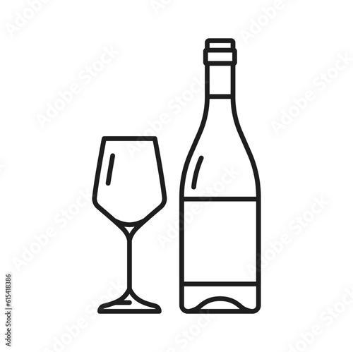 Bottle of white wine and glass isolated outline icon. Vector winery product, aged wine dry light alcohol drink in glass bottle, thin line