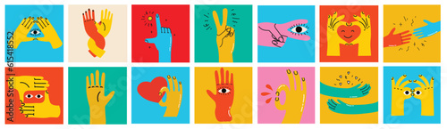 фотография Groovy hippie set of colorful hands with different gestures