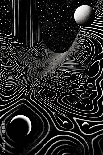 Abstract black and white curving swirl background.