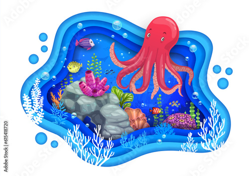 Cartoon pink octopus and sea paper cut, underwater bottom landscape, vector papercut. Undersea paper cut fishes in ocean water, 3d cutout background with coral reef funny octopus and seaweeds