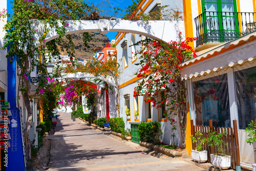 Street with colorful houses Mogan , Gran Canaria , Spain . Old town alley with blooming flowers