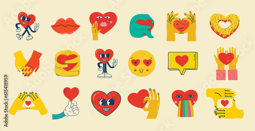 Fototapeta Naklejka Na Ścianę i Meble -  Groovy hippie love sticker set. Retro happy Valentines day. Comic happy heart character in trendy retro 60s 70s cartoon style. Retro characters and elements.