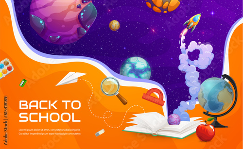 Back to school paper cut poster with galaxy space planets, vector education supplies. Back to school galactic rocket shuttle in space with student book or textbook, ruler and apple in papercut
