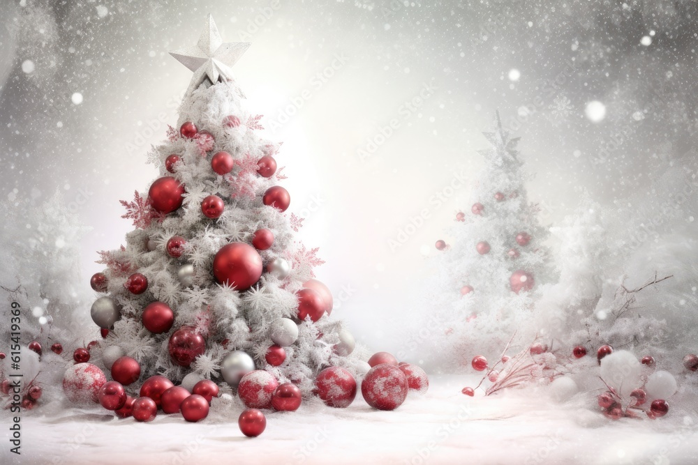 a christmas tree with white snow and decorations, with red and silver balls. Merry Christmas and Happy Holidays greeting card, frame, banner. New Year. Winter xmas holiday theme. Generative AI a christmas tree with white snow and decorations, with red and silver balls. Merry Christmas and Happy Holidays greeting card, frame, banner. New Year. Winter xmas holiday theme. Generative AI