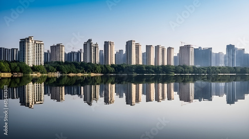 skyline city reflected in water and blue sky created with Generative AI © kimly