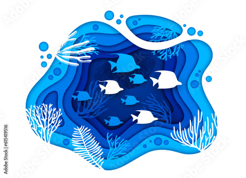 Underwater paper cut landscape with sea fish shoal silhouette, vector undersea world background. Sea or ocean coral reef fishes and seaweed in papercut or cutout paper layers of underwater landscape