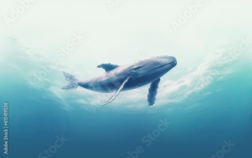 A blue whale swims in the sea. © hugo