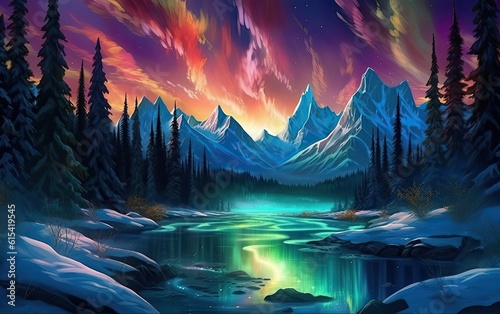 A landscape of the mountains with colorful aurora light at the sky.