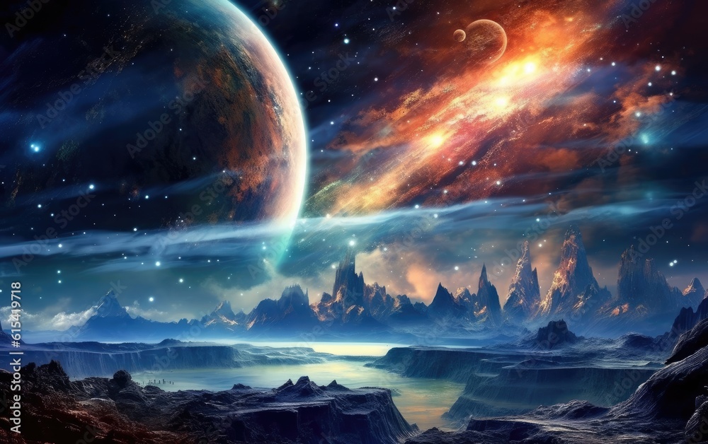 The mountains landscape at the planet with universe galaxy sky.