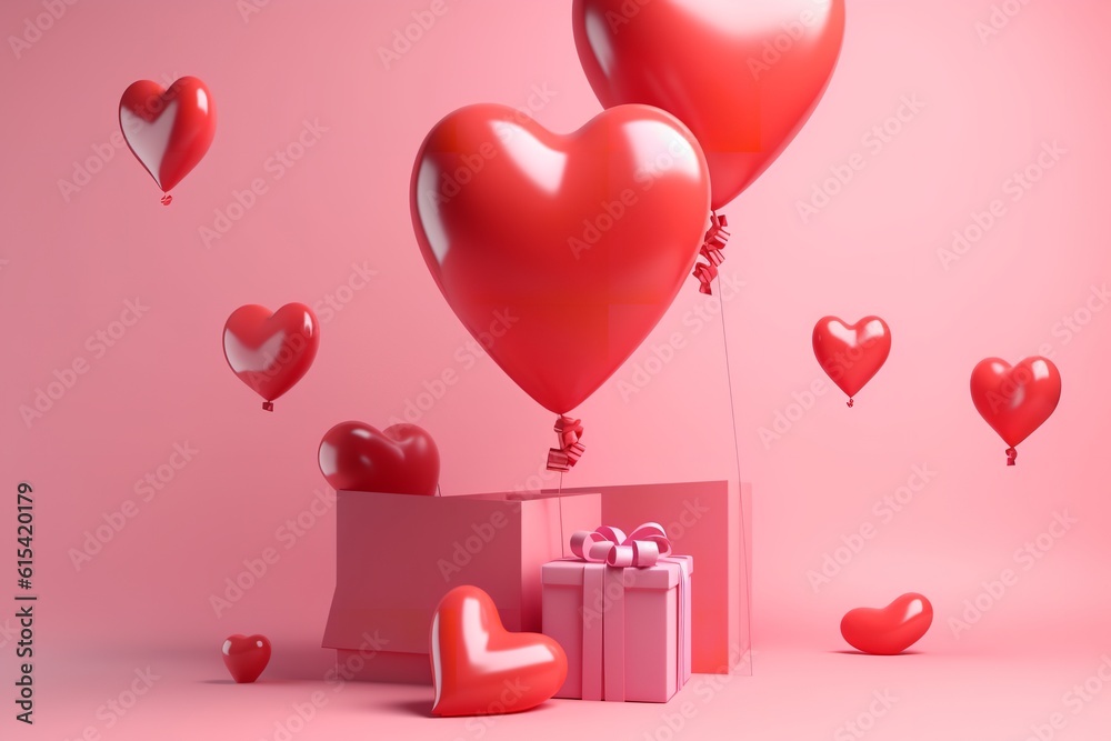 Love in the Air: 3D Rendering of Red Heart Balloon and Gift Box on Pink Background, 3D rendering, Red heart balloon, Gift box, Pink color, Love, Celebration, Romance,