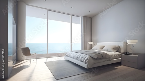 Modern interior of a hotel room with beach view created with Generative AI © kimly
